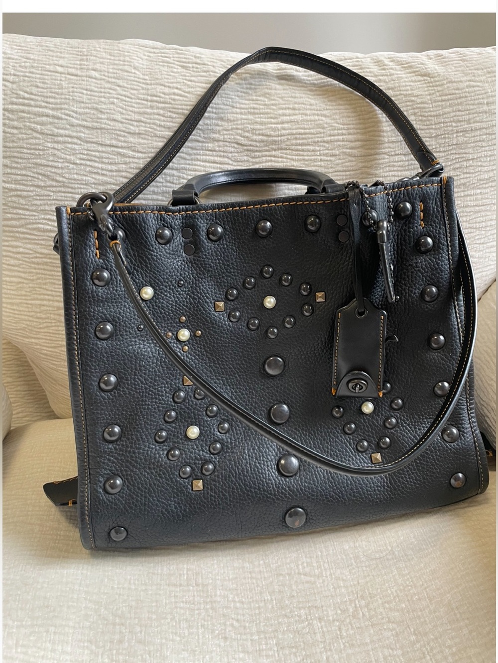 Coach 1941 Rogue31 Special Edition Studded Pearl Black Leather Tote 20315 Suede